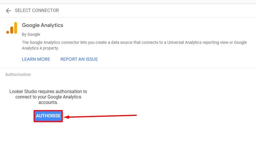 Authorise Looker Studio to connect with google analytics account