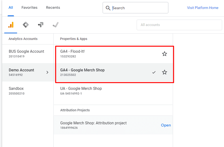 Available GA4 properties in Google analytics demo account