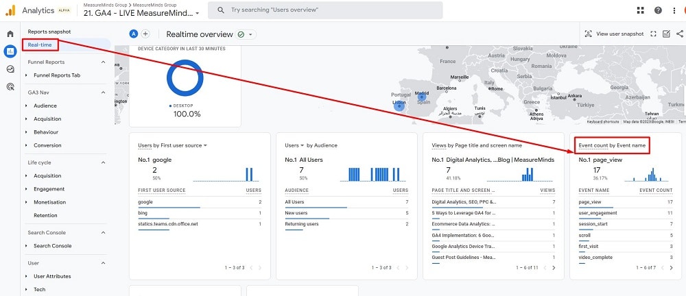 Event count by event name card in Real time over-view report in a GA4 account