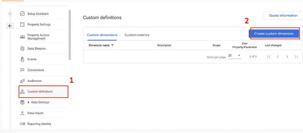 Button for creating new custom dimension