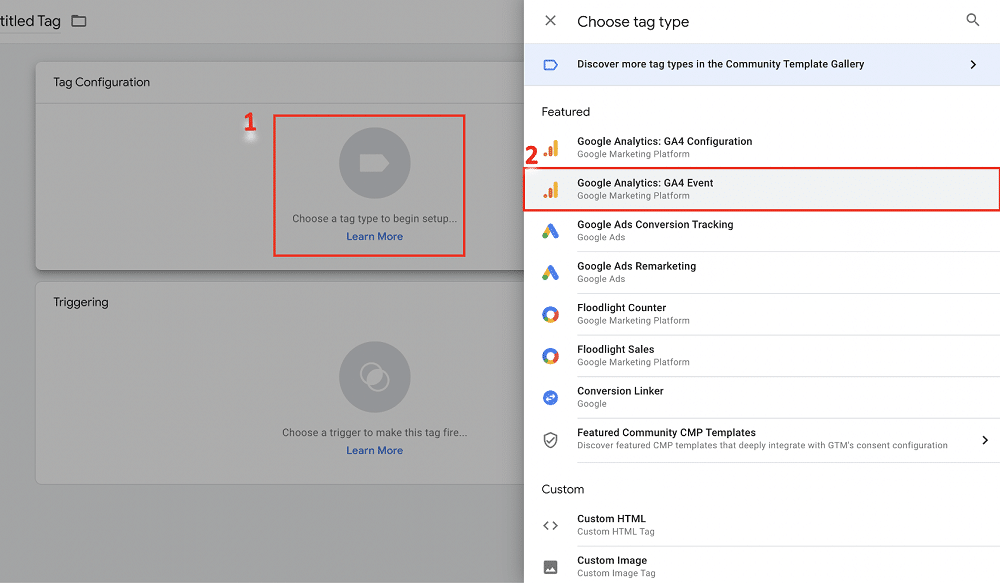 Choosing GA4 event tag type from the featured tag list