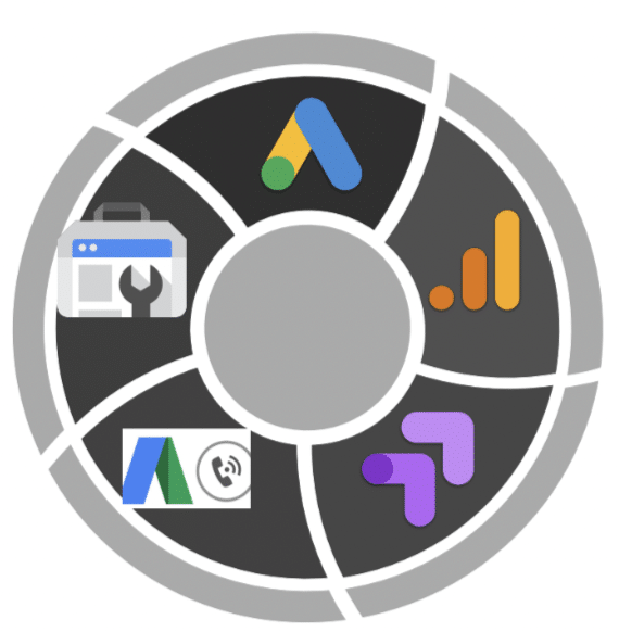 Logo of google ads, google analytics, optimize, tag assistant