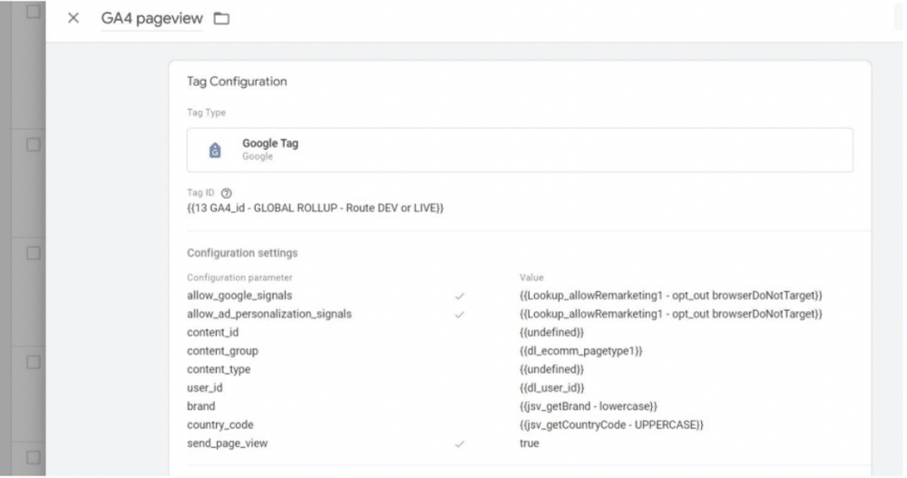 A screenshot that shows a GA4 config tag