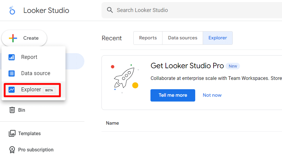 Explorer section in Looker studio