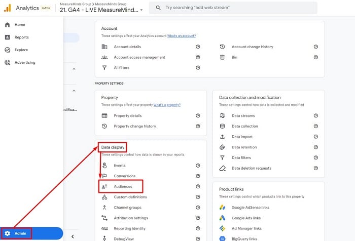Audience under data display column of the admin section of a GA4 account