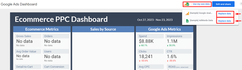 Buttons for replacing sample data with desired data source