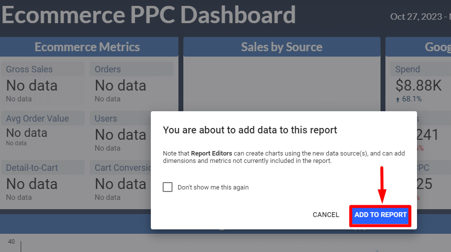 pop-up message after selecting a looker studio template