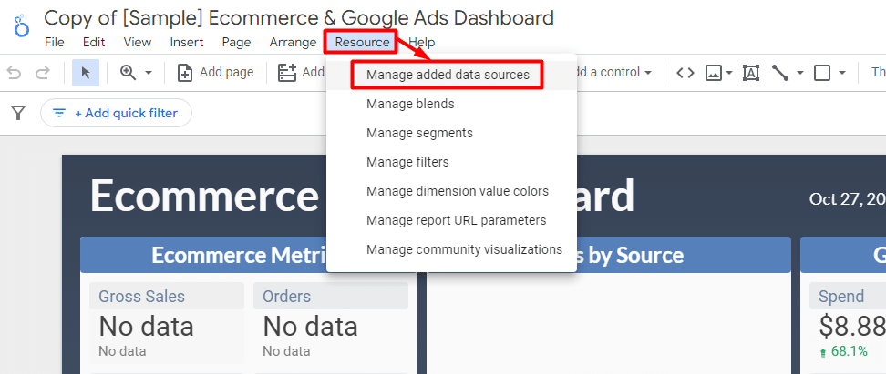 Resource section in the looker studio report dashboard