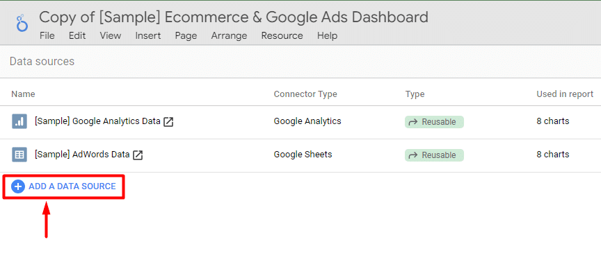 option for adding new data source to data studio report
