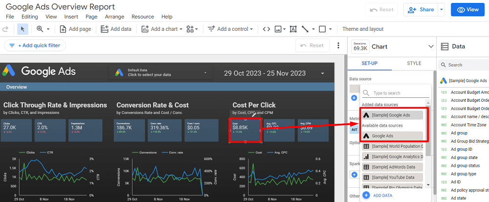 adding data sources to data studio google ads template