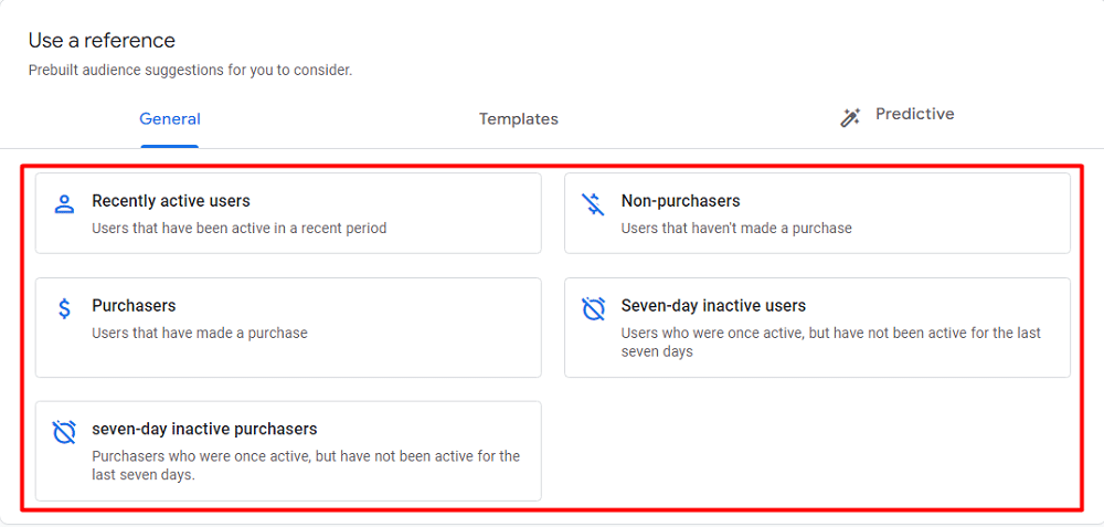 Prebuild audiences under General reference