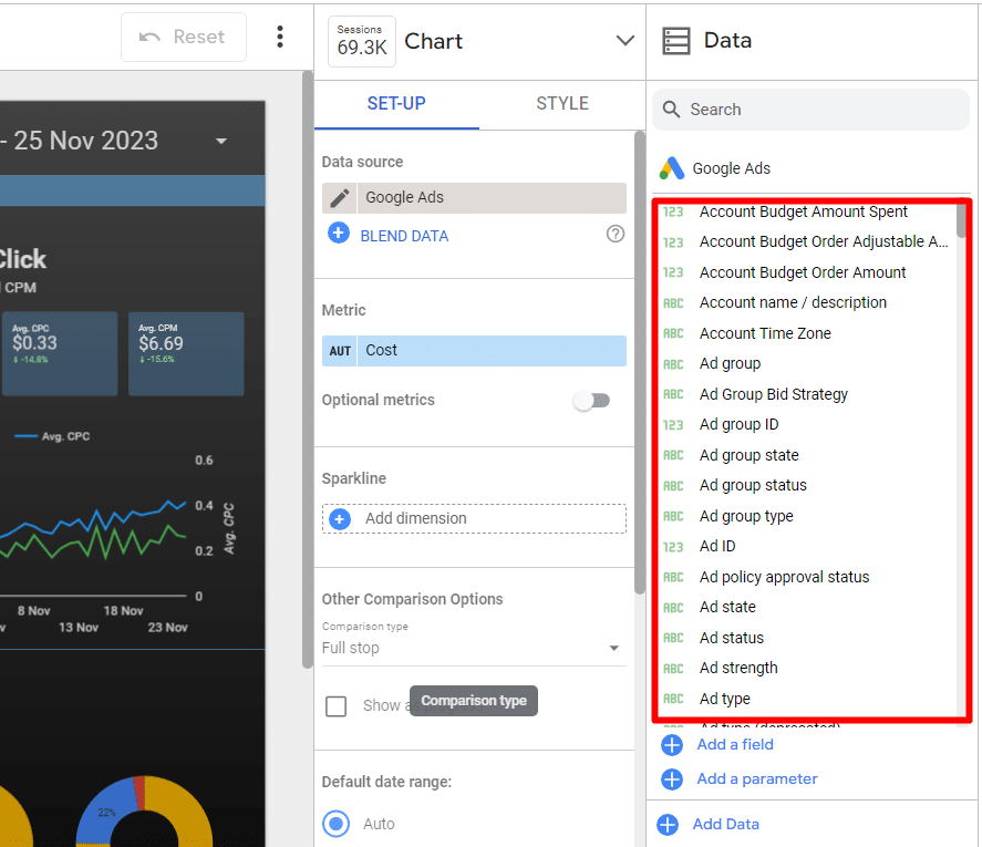 available data fields in the connected data source