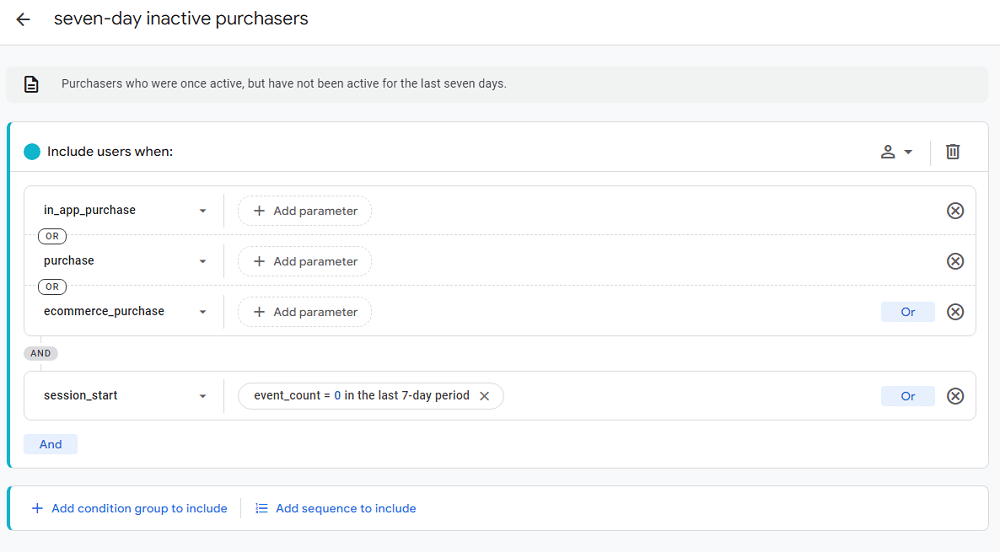 seven-day inactive purchasers prebuild audience