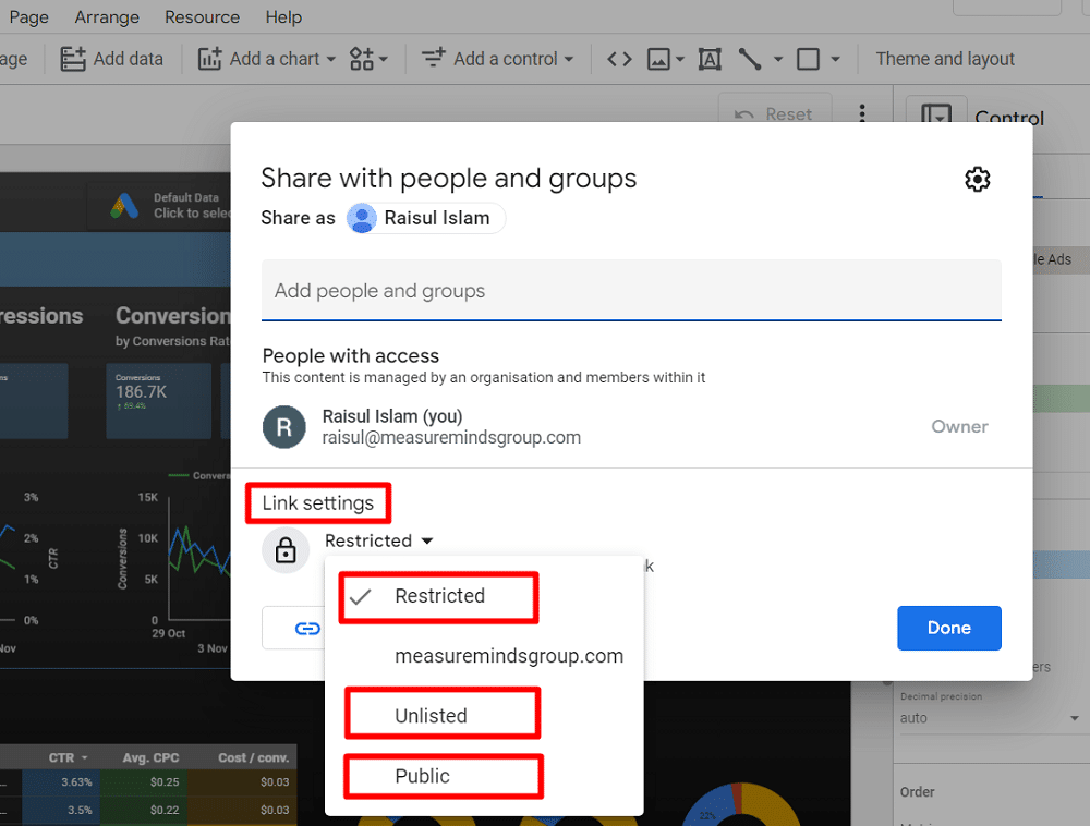 Link setting option in looker studio report sharing 
