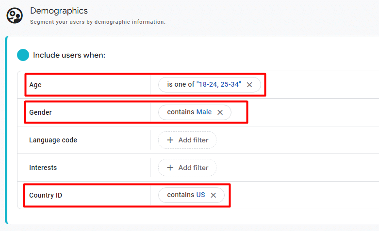 Creating an audience containing men aged 18 to 34 from US