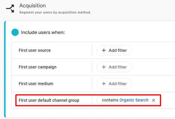 Using Acquisition template to create an audience of users who discovered your site through search engines
