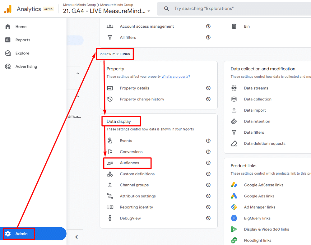 "Audiences" from the "Data Display" column of admin section of a GA4 account