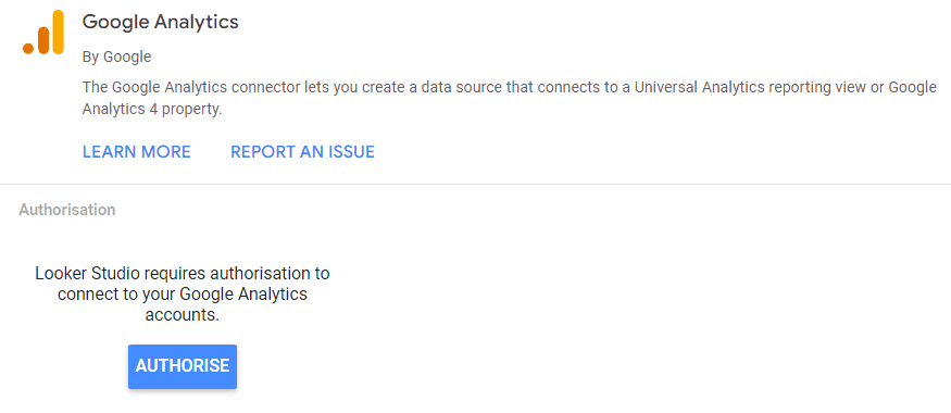 Authorising google analytics as the connector or data source for Looker studio