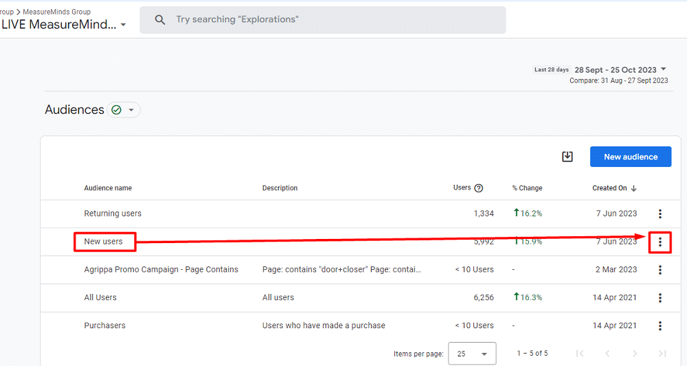 Three dot menu beside the name of an audience
