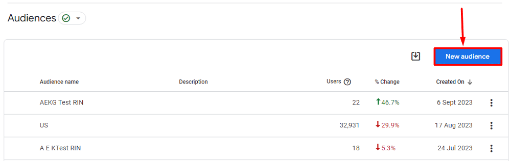 Button for creating new audience