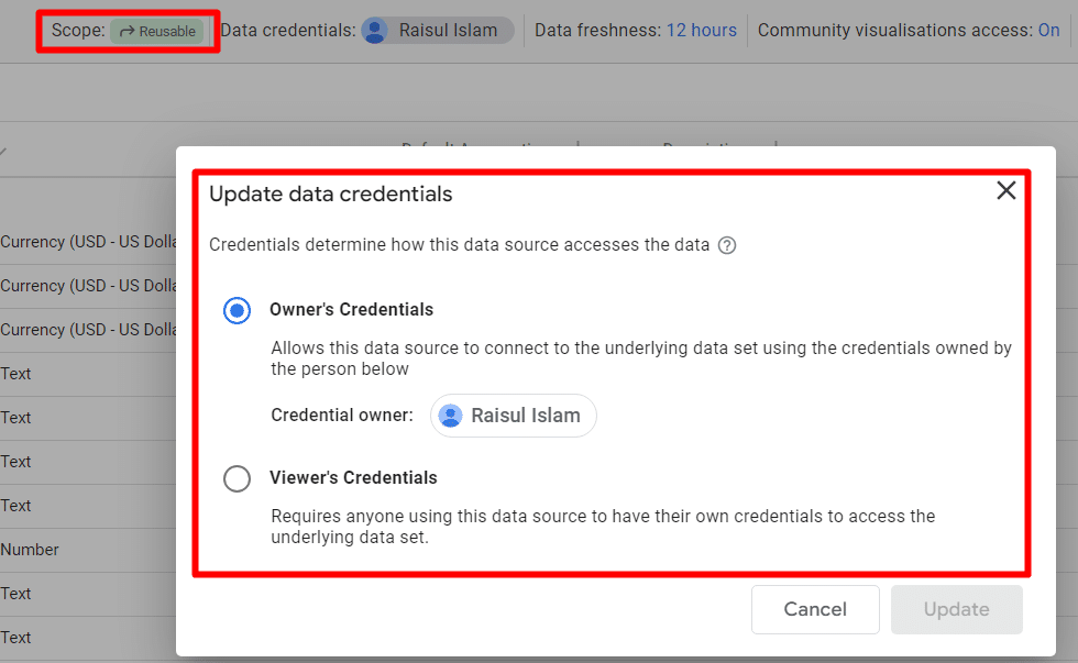 showing the credentials of a user in looker studio