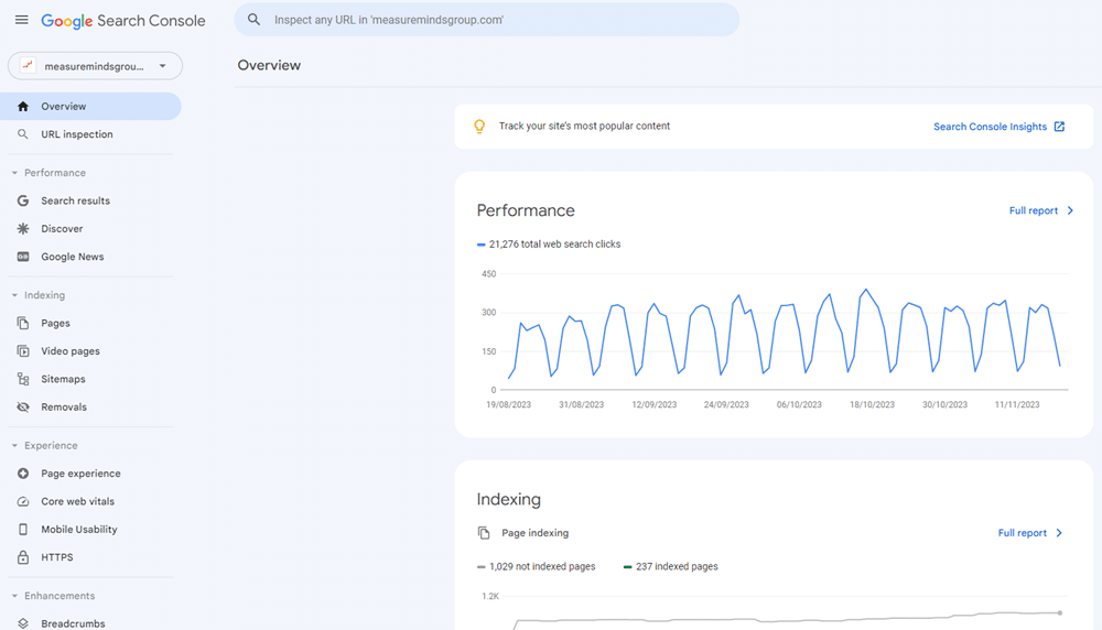 Google Search console dashboard