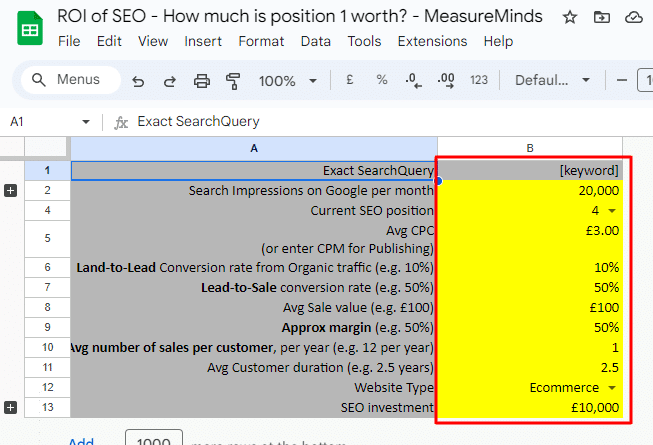 SEO ROI calculator input