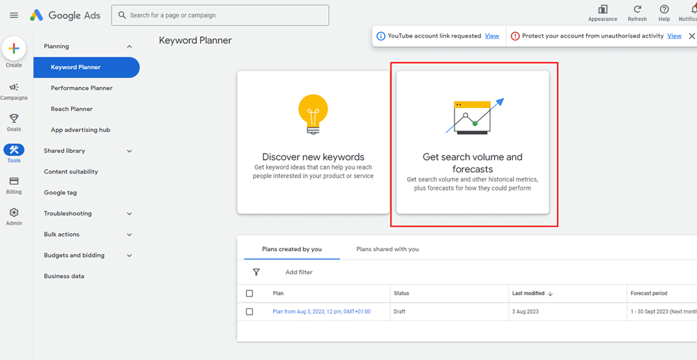 find search volume via the keyword planner