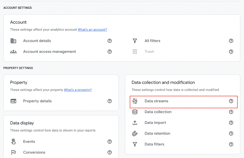 Data streams under Data collection and modification section in admin setting of google analytics 4