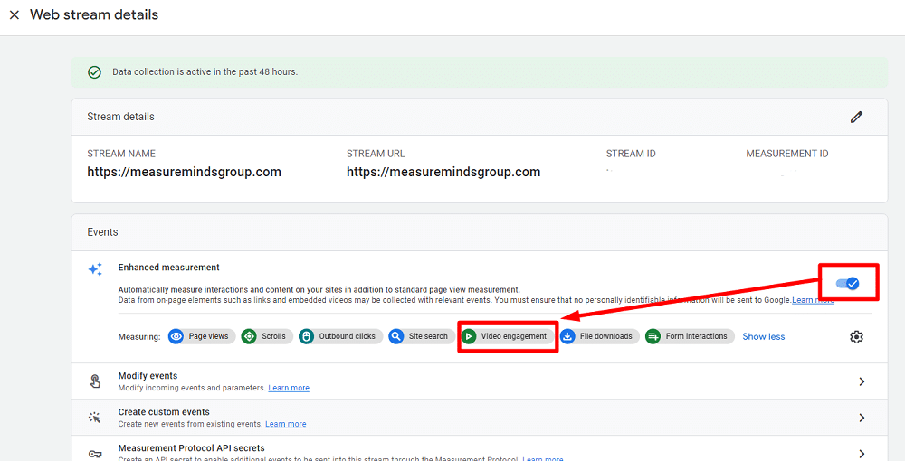 Events collected when enhanced measurement is on in a ga4 account