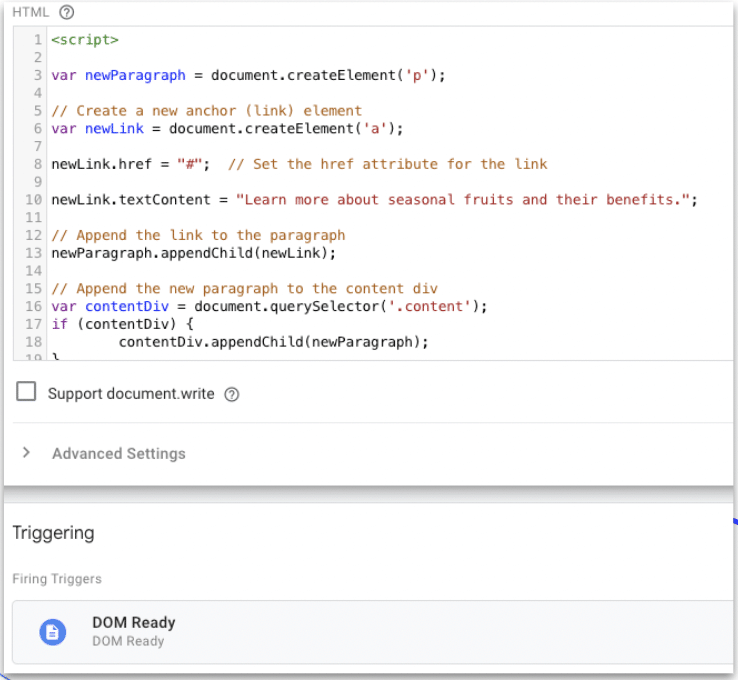 injecting a JavaScript-based hyperlink into the article through a custom HTML tag