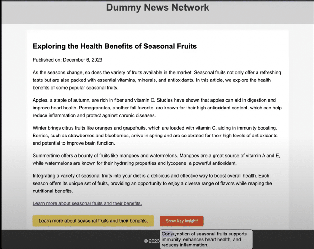 Checking the functionality to show the key insights of the page.