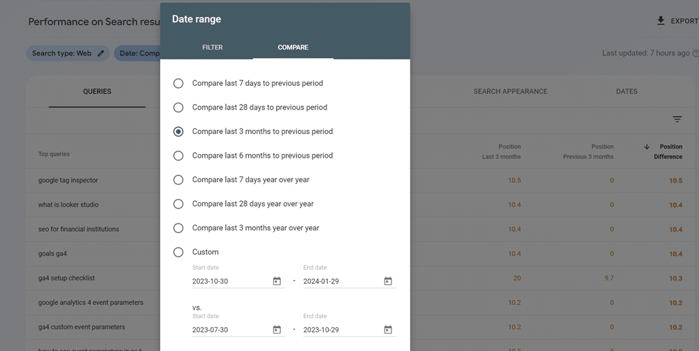 google search console comparison