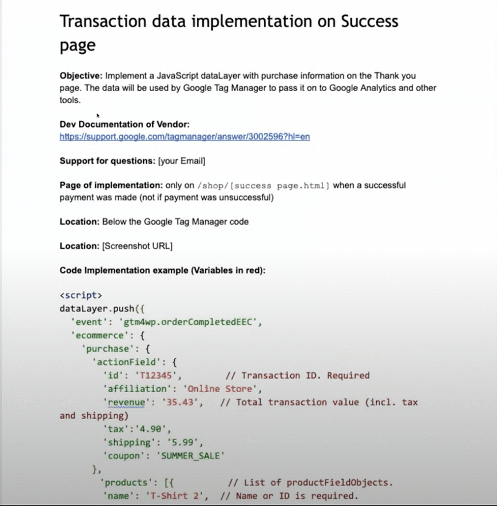 Implementing a Javascript dataLayer with purchase information on the thank you page