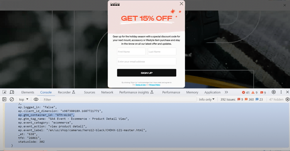 GA4 events present on the GoPro website