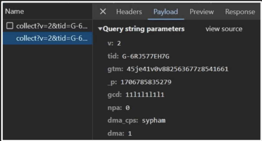 A list of parameters included in a tag.