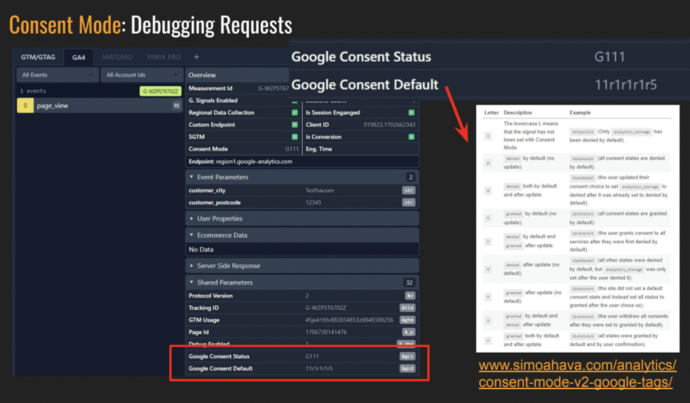 using Analytics Debugger Chrome Extension to see two parameters that tell us about the status of consent.