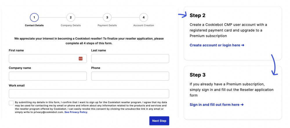 contact form for becoming a cookiebot reseller