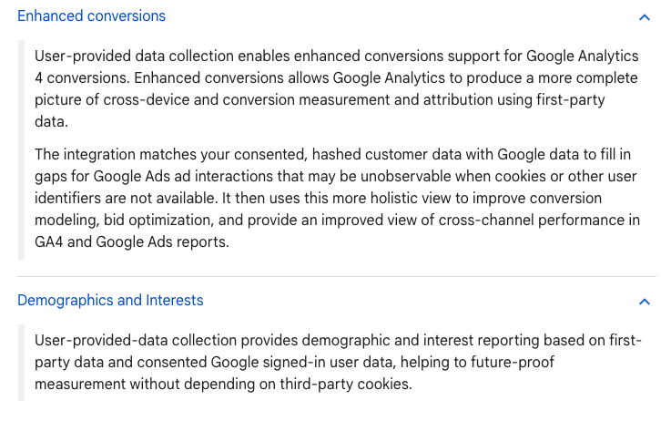 information on user-provided data collection enabling enhanced conversions