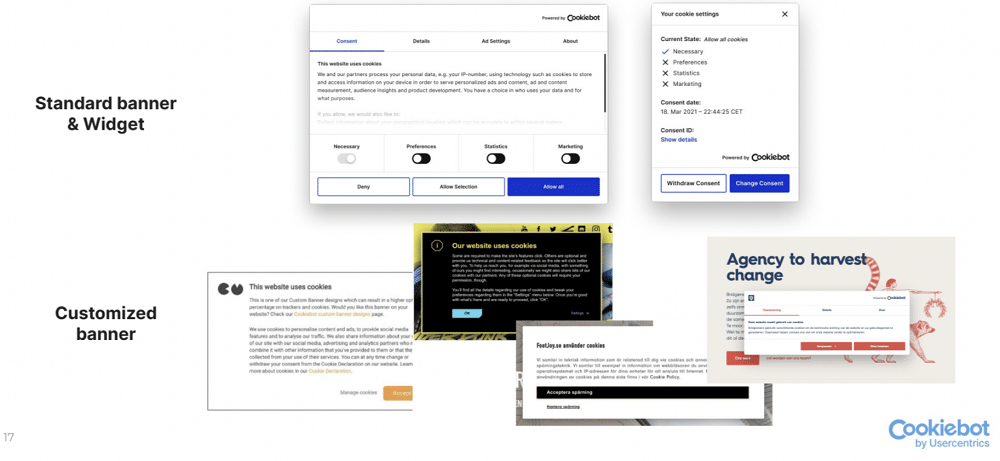 Example of standard banner and widget & customized banner of cookiebot