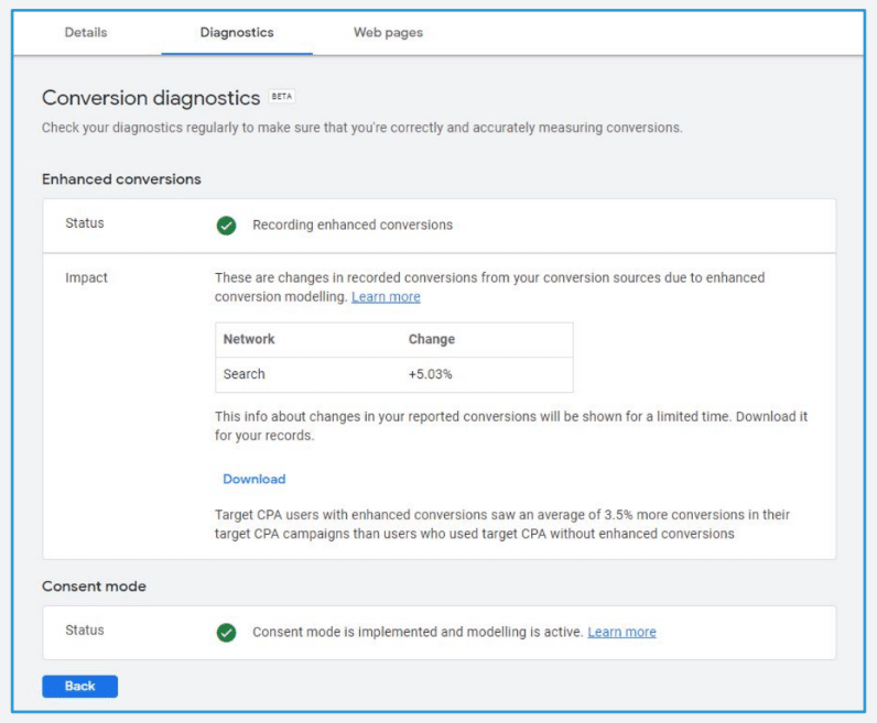 Consent mode status on a page in conversion settings.