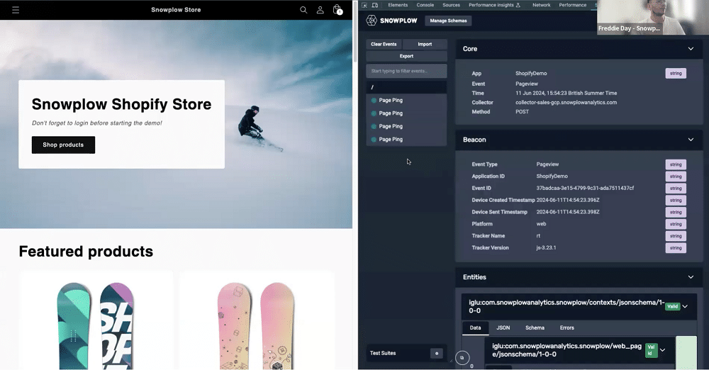 Snowplow inspector visulising events on a snowboarding shopify store