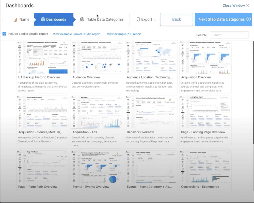 Choosing dashboard inside analytics canvas