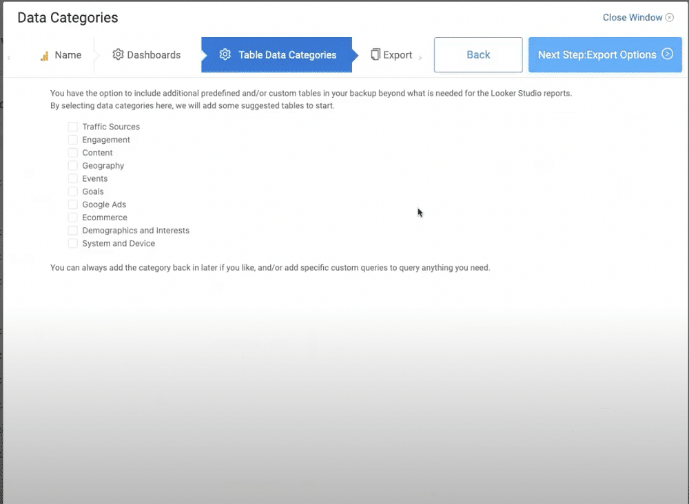 Choosing data category in analytics canvas