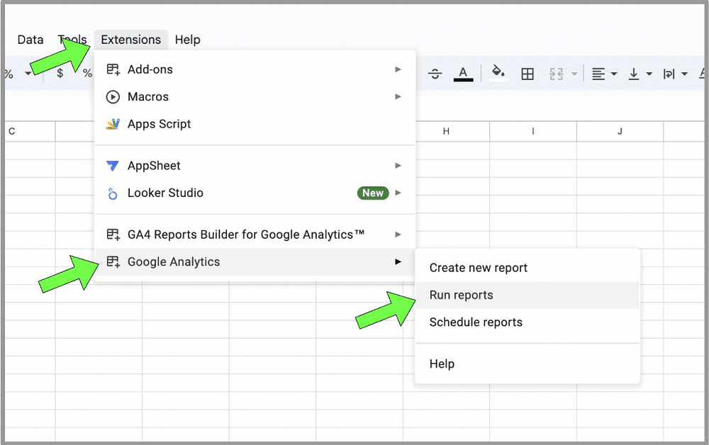 Running reports from the extensions option in the sheet
