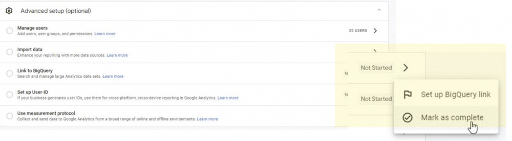 Indicating ‘Mark as complete’ button from the advanced setup page