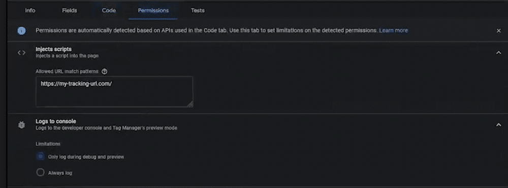 Screenshot of permission section of the GTM template creation process
