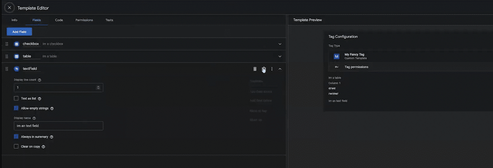 Screenshot of configuring input fields using template editor