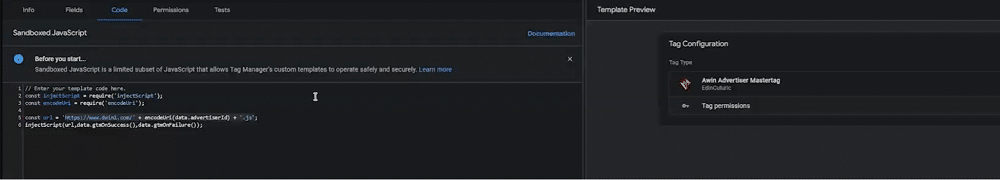 Code section of the template creation window