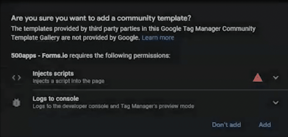 Pop up message which gets shown when someone add a community GTM template